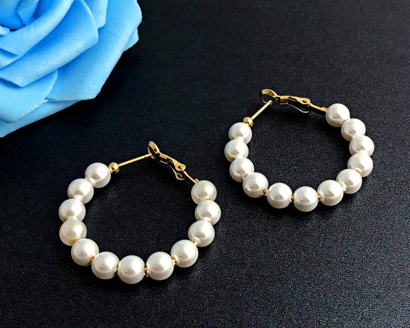 RONLLNA Pearl Hoop Earrings for Women Fashion Dangle Hypoallergenic Layer Earrings Drop Dangle Earrings Gifts for Women (35mm hoop) - Image 5